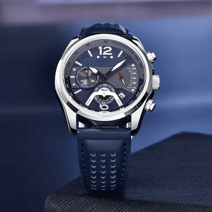 Rovanni Aero – Pilot Chronograph watch with blue dial and leather strap, inspired by aviation design.