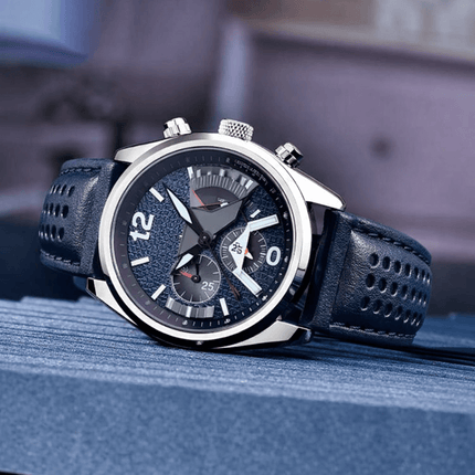 Rovanni Aero Pilot Chronograph watch with blue leather strap, inspired by aviation and designed for bold style.