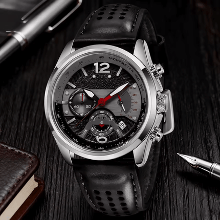 Rovanni Aero Pilot Chronograph watch with aviation-inspired design and tachymetric scale, displayed on a dark textured background.