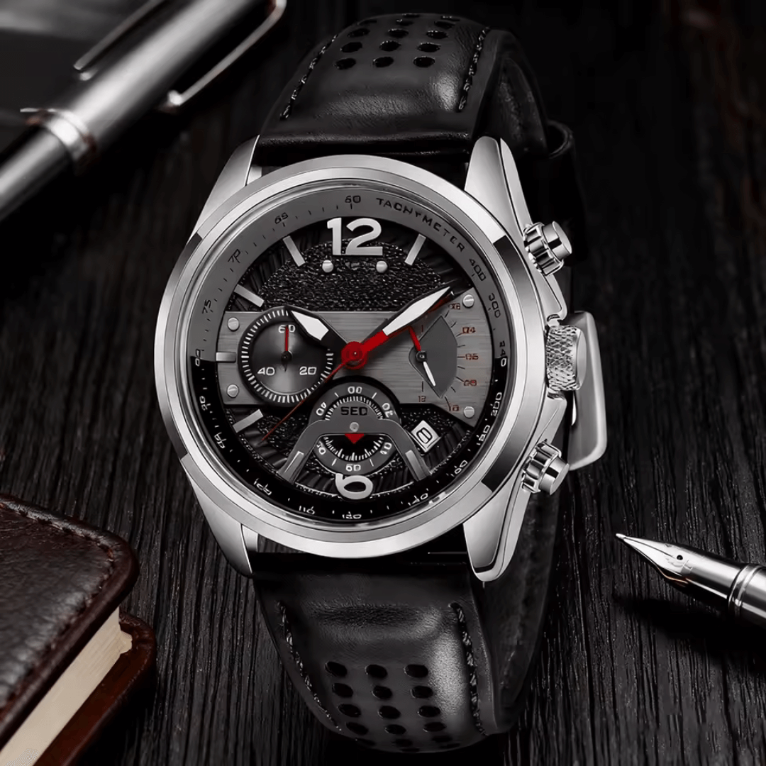 Rovanni Aero Pilot Chronograph watch with aviation-inspired design and tachymetric scale, displayed on a dark textured background.