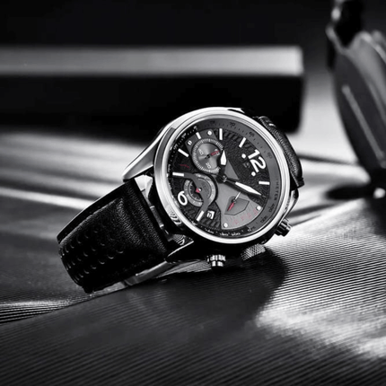 Rovanni Aero – Pilot Chronograph watch with black leather strap on sleek surface, showcasing intricate aviation-inspired design.