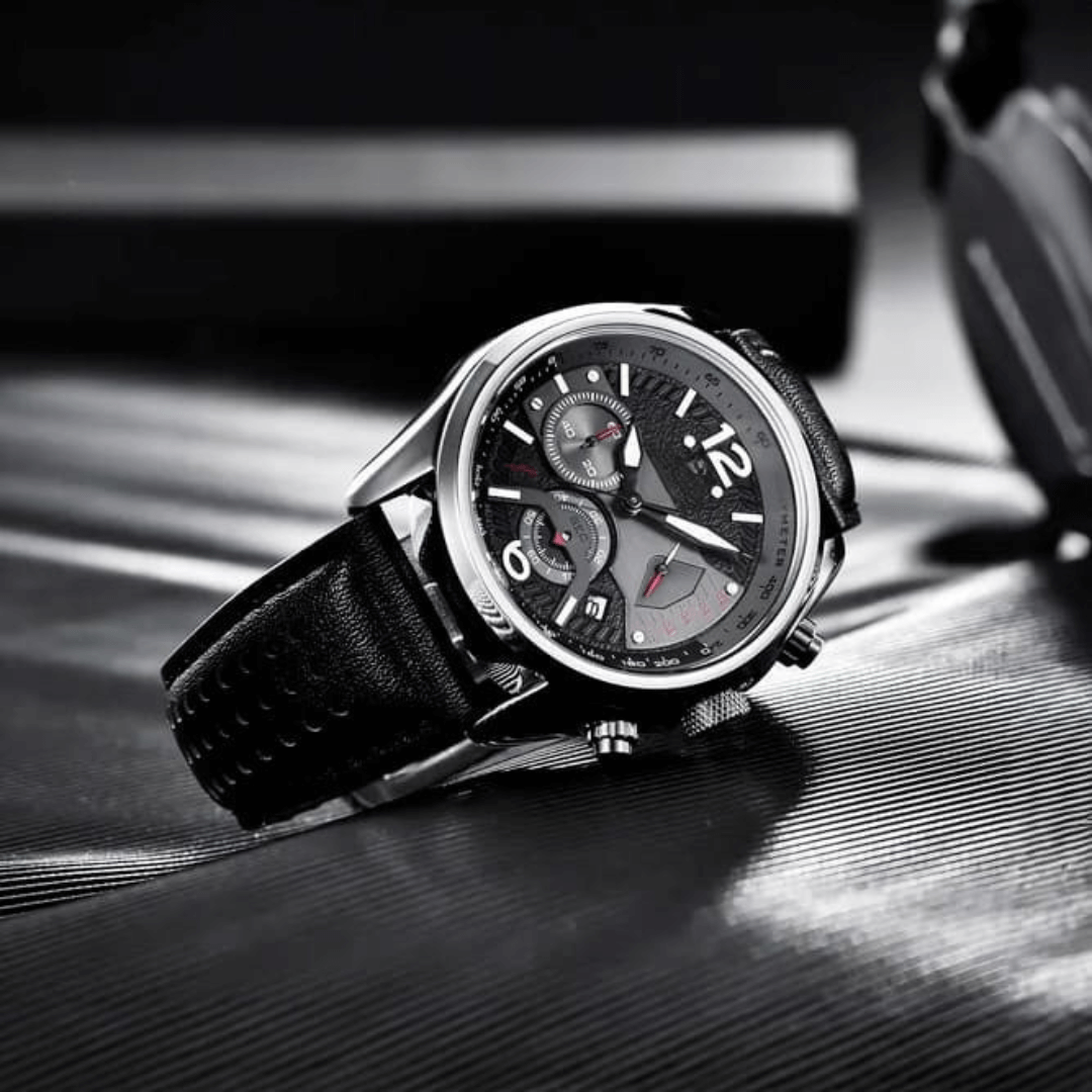 Rovanni Aero – Pilot Chronograph watch with black leather strap on sleek surface, showcasing intricate aviation-inspired design.