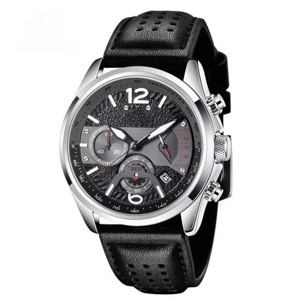 Rovanni Aero – Pilot Chronograph watch with black leather strap and detailed dial, inspired by aviation design.
