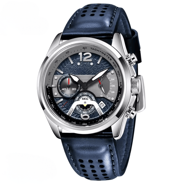 Rovanni Aero Pilot Chronograph watch with blue leather strap and detailed aviation-inspired dial design.