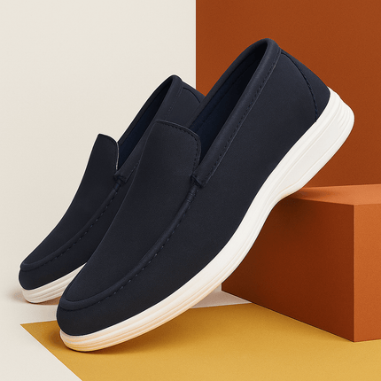 Salento Suede Loafers in navy, luxury men's slip-on leather shoes showcasing a refined formal style with cushioned comfort and premium suede.