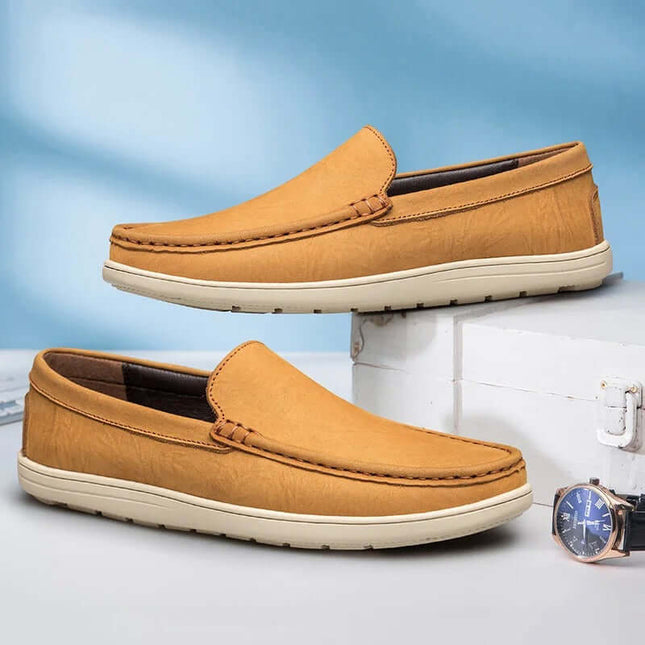 Salerno Leather Loafers - Elegant men's slip-on leather shoes with cushioned insoles, perfect for formal occasions. Luxury loafers in tan colour.
