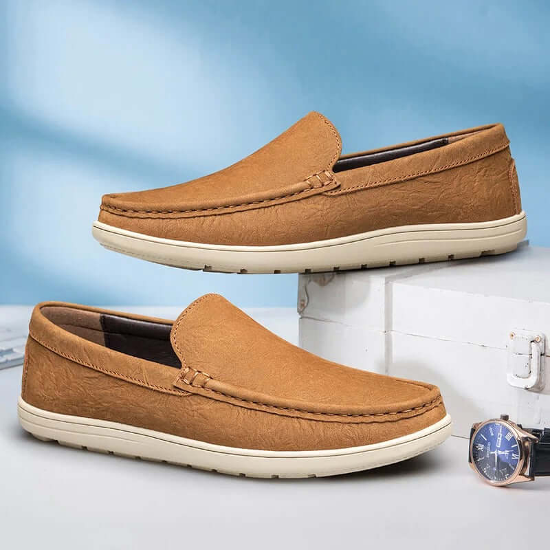 Salerno Leather Loafers - Elegant men's slip-on formal loafers with cushioned orthopedic insole, genuine leather upper, and flexible rubber outsole.