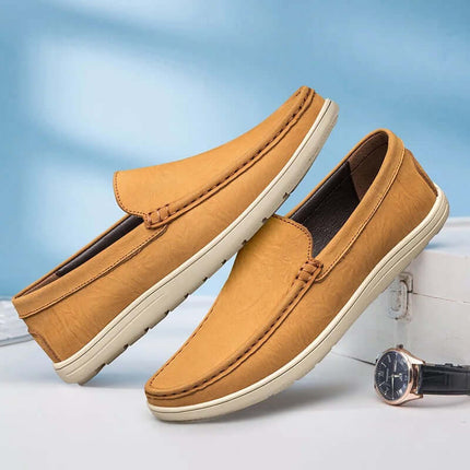 Salerno Leather Loafers, premium men's slip-on shoes with genuine leather and cushioned insole, perfect for formal occasions.