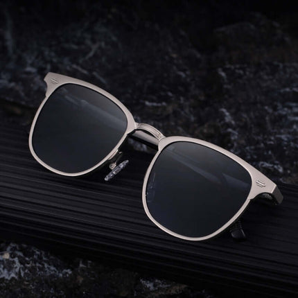 Polarised sunglasses for men by Sartori Shades with lightweight metal frame and UV400 lenses on dark background