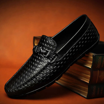 Sartoro Leather Loafers showcasing premium black leather with a sophisticated metal buckle, ideal for formal men’s slip-on comfort and luxury.