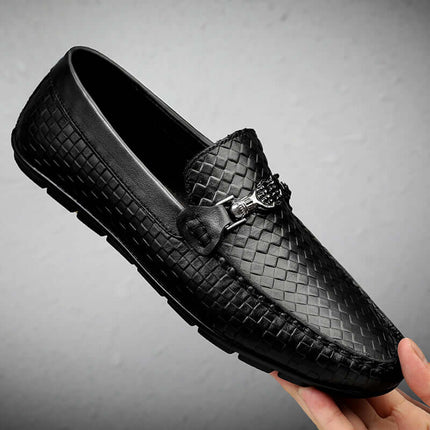 Sartoro Leather Loafers with textured design and metal buckle, showcasing elegant slip-on comfort for formal men's style.