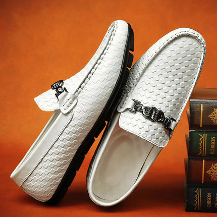 Sartoro Leather Loafers – Elegant white loafers with metal buckle, perfect for formal and casual wear, made with premium leather for ultimate comfort.