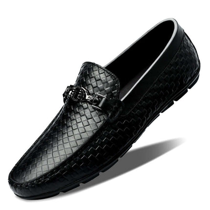 Sartoro Leather Loafers with woven texture, metal buckle, premium slip-on design for men's formal elegance.
