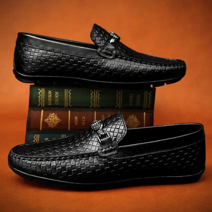 Sartoro Leather Loafers with metal buckle, luxury men's slip-on formal shoes, premium cow leather, elegant and comfortable design.
