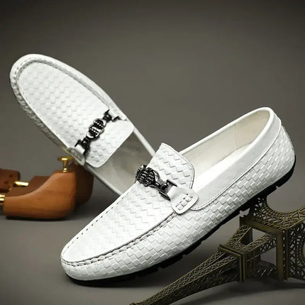 Sartoro Leather Loafers featuring premium white leather with metal buckle, textured design, slip-on convenience for elegant formal wear.