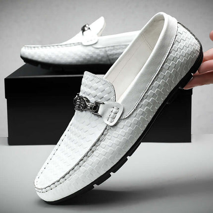 Sartoro Leather Loafers with metal buckle, featuring premium white textured design for elegant slip-on comfort, ideal for formal occasions.