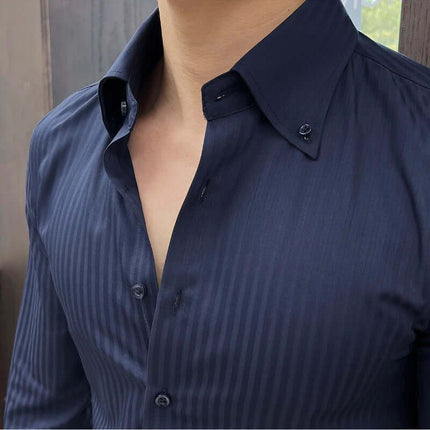 Savile Dress Shirt showcasing a modern, tailored fit with subtle vertical stripes, perfect for stylish men's casual and work outfits.