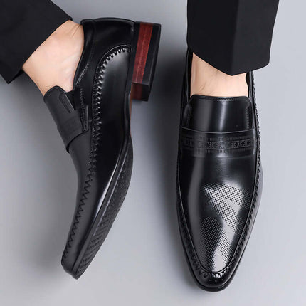 Silvano Leather Loafers in black Italian leather featuring a decorative strap and stitched detailing for formal men's wear.
