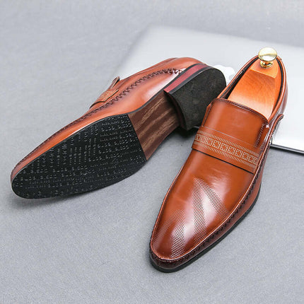 Silvano Leather Loafers showcasing Italian leather, patterned strap, and stitched detailing, highlighting elegance and slip-on comfort for formal occasions.