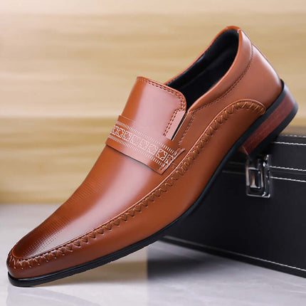 Silvano Leather Loafers in Italian leather with elegant pattern strap and side stitch detailing, perfect formal slip-on for men.