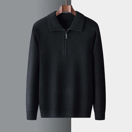Sinclair Sweater in black, men's winter knitwear. Soft, warm 100% natural wool with ribbed collar and cuffs for comfort and style. Cozy layering piece.