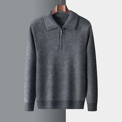 Sinclair Sweater in grey, warm men's winter knitwear, featuring 100% natural wool with ribbed collar and cuffs, perfect for cozy layering.