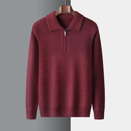 Sinclair Sweater in rich red, warm men's winter sweater, soft wool knitwear perfect for layering in the colder seasons, showcasing ribbed detailing.