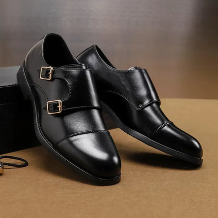 Stratton Dress Shoes in genuine leather with double monk strap, polished finish, and comfort sole for formal occasions.