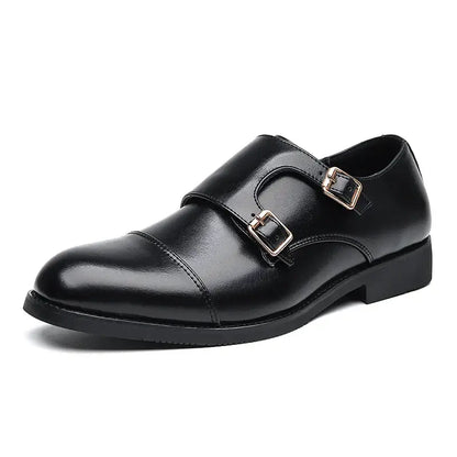 Stratton Dress Shoes in black genuine leather with polished finish and double monk strap design for formal wear.