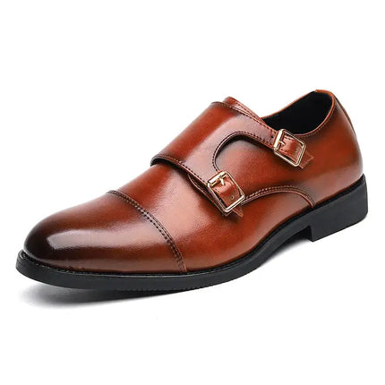 Stratton Dress Shoes crafted from genuine leather with a polished finish and double monk strap design for all-day comfort.