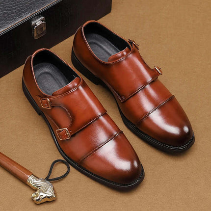 Stratton Dress Shoes in genuine leather with double monk strap design, polished finish for formal occasions.
