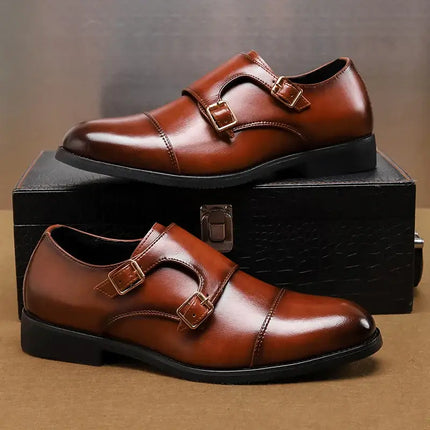 Stratton Dress Shoes with double monk strap design, crafted from genuine leather for modern formal style and all-day comfort.