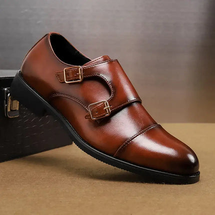 Stratton Dress Shoes with double monk strap, genuine leather, polished finish, designed for comfort and all-day wear.