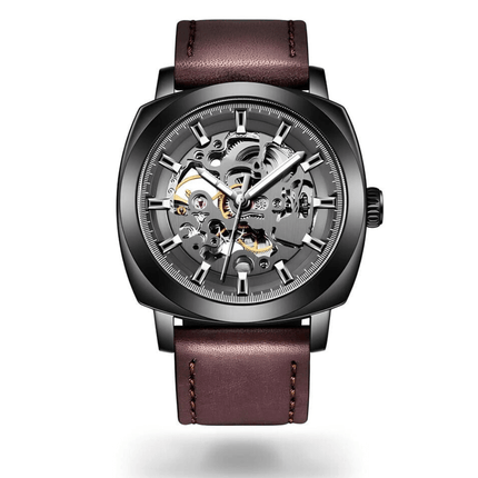 Stravon Helix – Automatic Edition open-heart timepiece with brown leather strap and steel case.