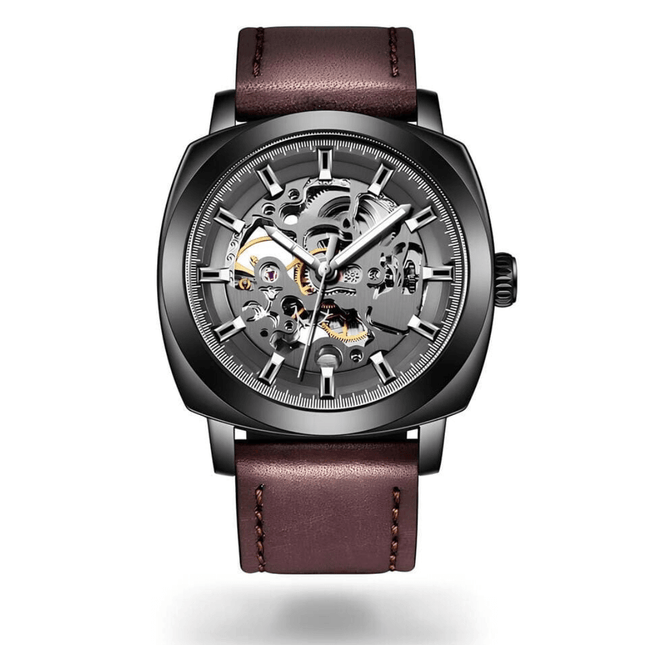 Stravon Helix – Automatic Edition open-heart timepiece with brown leather strap and steel case.