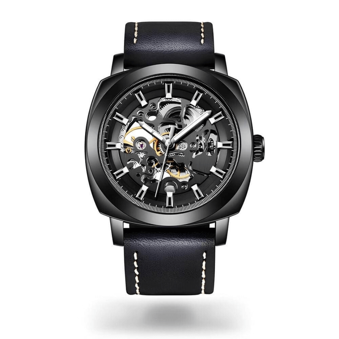 Stravon Helix – Automatic Edition watch with black strap and open-heart design