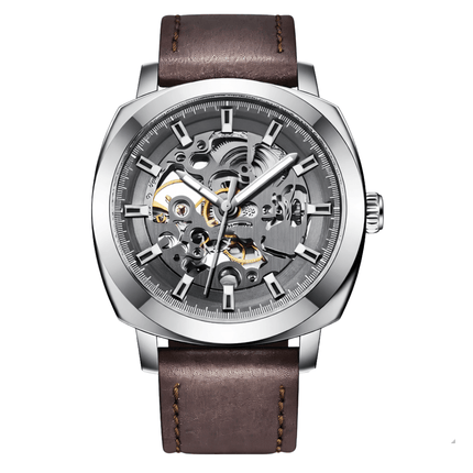 Stravon Helix Automatic Edition watch with open-heart design and leather strap.