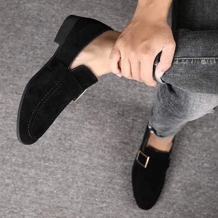 Men's Suede Signature Loafers with metal buckle, premium slip-on leather shoes offering elegance and comfort for any formal occasion.