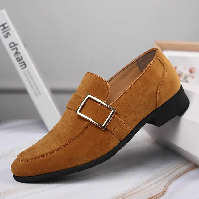 Suede Signature Loafers with metal buckle, formal slip-on men's leather loafers, luxury and sophisticated style for discerning men.
