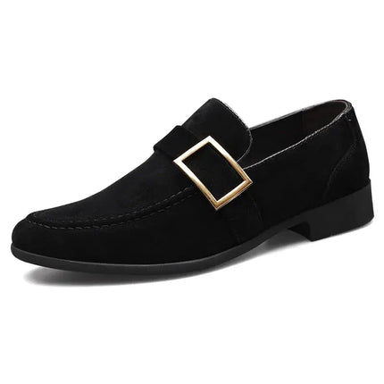 Suede Signature Loafers with metal buckle, luxury men's slip-on leather shoes for formal occasions, elegant and comfortable footwear.