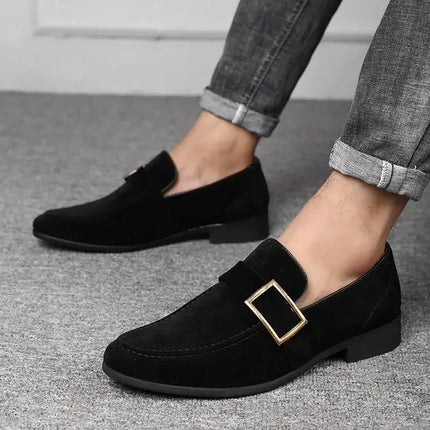 Elegant Suede Signature Loafers with metal buckle, men's luxury slip-on leather shoes for formal occasions.