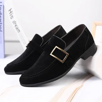 Suede Signature Loafers with metal buckle, luxury slip-on men's leather loafers, formal style for discerning men, elegant black design.