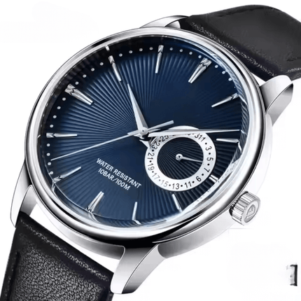 Torino Heritage – Leather Edition men's watch with blue dial and black leather strap, elegant design for everyday or special occasions.