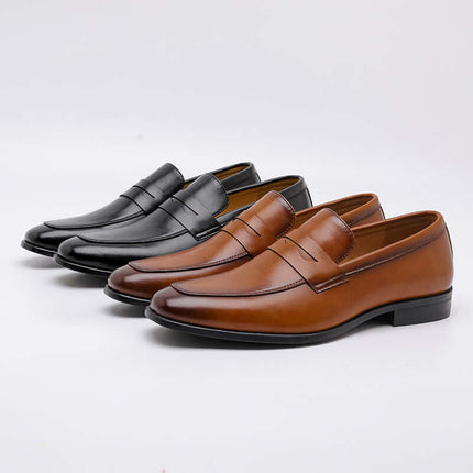 Tuscano Leather Loafers in black and brown leather for men's formal style, featuring slip-on comfort and a polished, luxury finish.