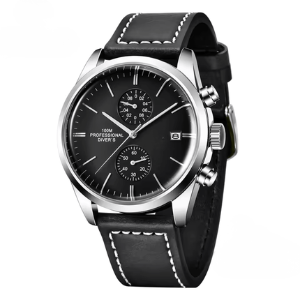 Valcrest Aviation – Classic Chronograph with black dial and leather strap.