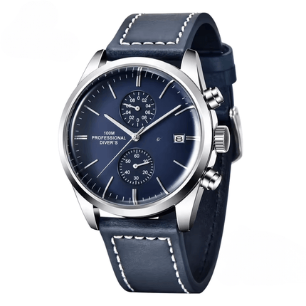 Valcrest Aviation – Classic Chronograph watch with navy leather strap, featuring sub-dials, silver case, and aviation-inspired design for men.