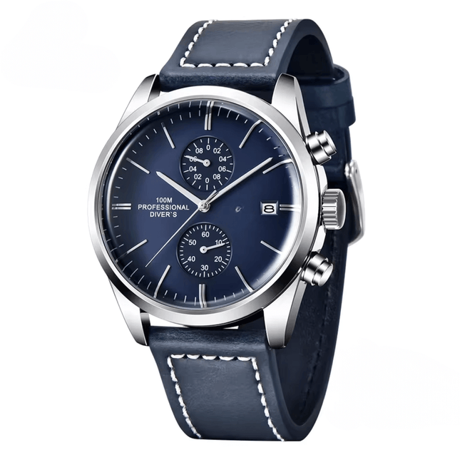 Valcrest Aviation – Classic Chronograph watch with navy leather strap, featuring sub-dials, silver case, and aviation-inspired design for men.