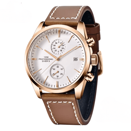 Valcrest Aviation – Classic Chronograph, gold case with brown leather strap, aviation-inspired men's watch