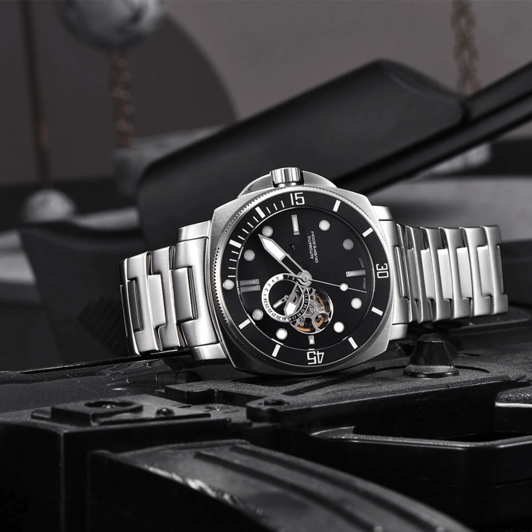 Valenor Automatic Diver Signature watch with stainless steel band on industrial background