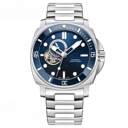 Valenor Automatic diver watch with stainless steel case and dark blue dial displaying intricate mechanical movements.